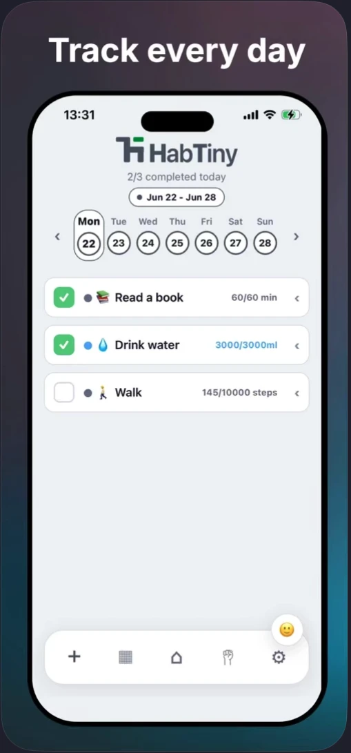HabTiny Screenshot mit täglicher Habit-Liste